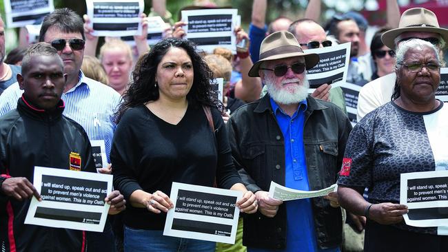 Alice Springs Town Councillor Jacinta Price (centre) at the White Ribbon Day march against male violence last year. Picture: Jeff Tan