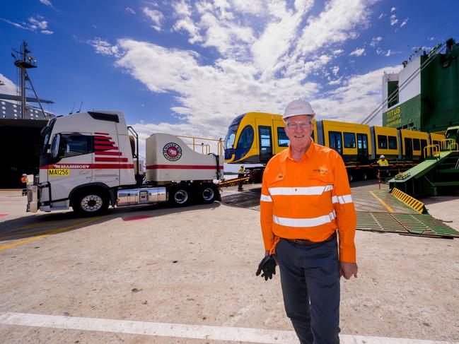 GoldlinQ Chairman John Witheriff at the Port of Brisbane as the first of the five new trams built for the expanded G:link network arrives.