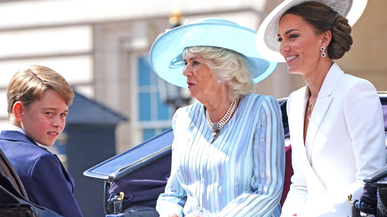 Prince George, Camilla, Camilla, Duchess of Cornwall and Catherine, Duchess of Cambridge during the Trooping the Colour parade. Picture: Jonathan Brady/Getty Images