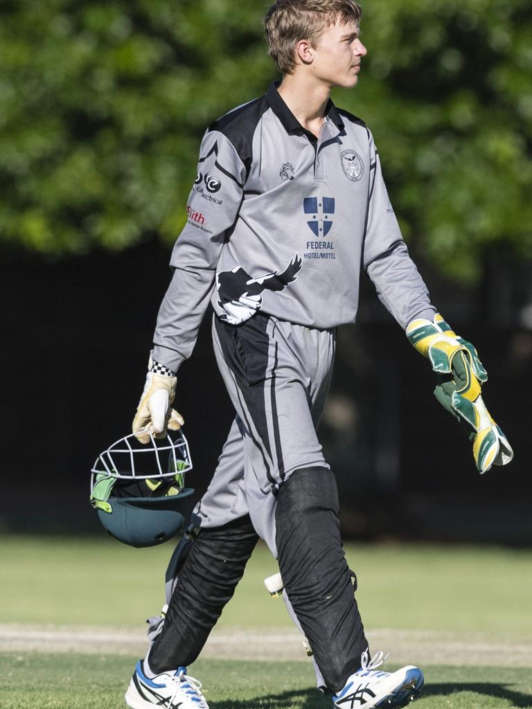 Souths Magpies wicketkeeper Lachlan Howard during a break in play against Metropolitan-Easts in A Grade One Day Toowoomba Cricket round 6 at Captain Cook Reserve, Saturday, November 11, 2023. Picture: Kevin Farmer