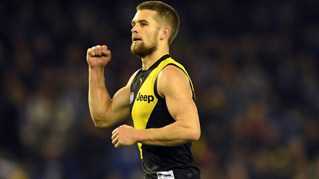 Dan Butler celebrates a goal for Richmond. Picture: AAP Images