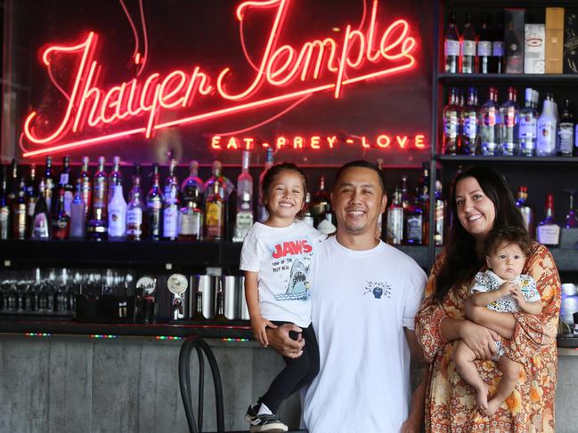 Thaiger Temple is run by Yoddy and Amelia Samingkaw with children Scout and Mylo. Picture: Sue Graham