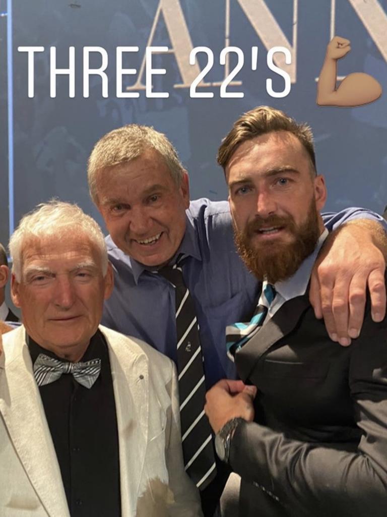 Keith Spencer, Greg Phillips and Charlie Dixon from Dixon’s Instagram account on the night of Port Adelaide’s 150th dinner this year.