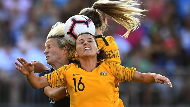 Australia’s Hayley Raso heads in last month’s Tournament of Nations in Connecticut.