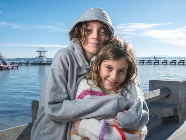 19-06-2024 Paz, 12, and Queenie, 9, Glover brave the cold morning at Eastern Beach, Geelong. Picture: Brad Fleet