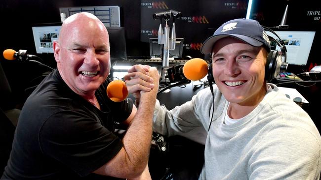 Andrew Jarman and Bernie Vince in the Triple M studios in Adelaide. Picture: AAP Image/Sam Wundke