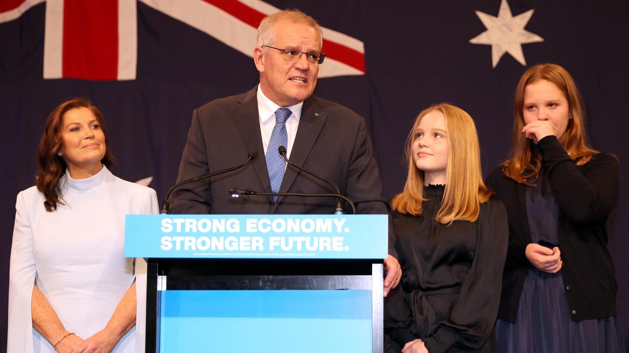 All eyes were on Jenny Morrison’s dress when she took to the stage with Scott Morrison and their daughters Lily and Abbey. Picture: Asanka Ratnayake/Getty Images