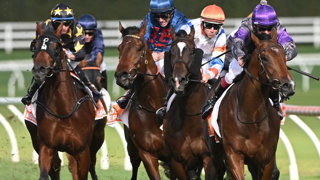 Jockeys earned every cent of their riding fees in a difficult finish to Saturday’s Group 1 Caulfield Guineas. Picture: Getty Images.