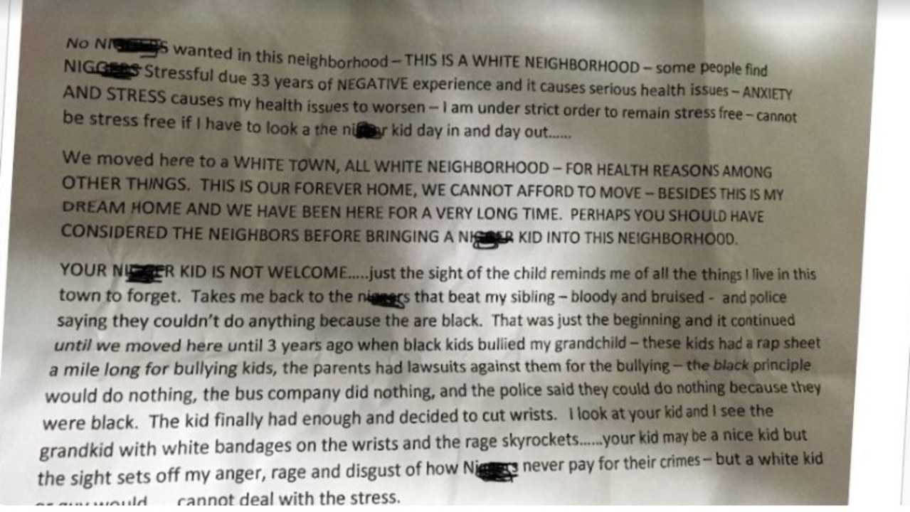 US woman Deborah Cantwell has been charged with intimidation and criminal mischief after allegedly sending this note to a neighbour. Picture: GoFundMe