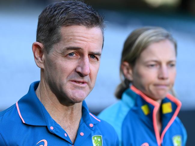 MELBOURNE, AUSTRALIA - MAY 15: Peter Roach, Head of Cricket Operations and Australian Women's Cricket Captain Meg Lanning speak to the media during a Cricket Australia media opportunity after the announcement of the 2023/24 International Season at Melbourne Cricket Ground  on May 15, 2023 in Melbourne, Australia. (Photo by Quinn Rooney/Getty Images)