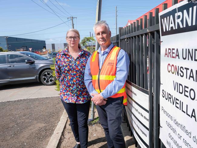 12-09-2024 Tennille Bradley and Steven Spiranovic from Geelong City Council with new CCTV technology being used to tackle illegal dumping outside the Salvation Army in North Geelong. Picture: Brad Fleet