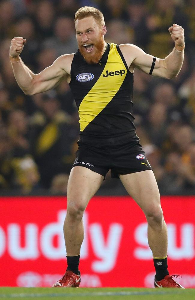 Nick Vlastuin of the Tigers celebrates a goal against Sydney.