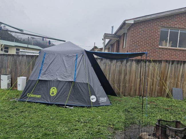 The four man tent in a Risdon Vale backyard that has been advertised to rent for $125 per week for one person with no bills.  Picture: supplied