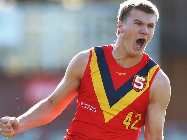 MELBOURNE, AUSTRALIA - JUNE 18: Tyler Welsh of South Australia celebrates kicking a goal during the 2023 AFL National Championships match between Vic Country and South Asutralia at Ikon Park on June 18, 2023 in Melbourne, Australia. (Photo by Graham Denholm/AFL Photos via Getty Images)