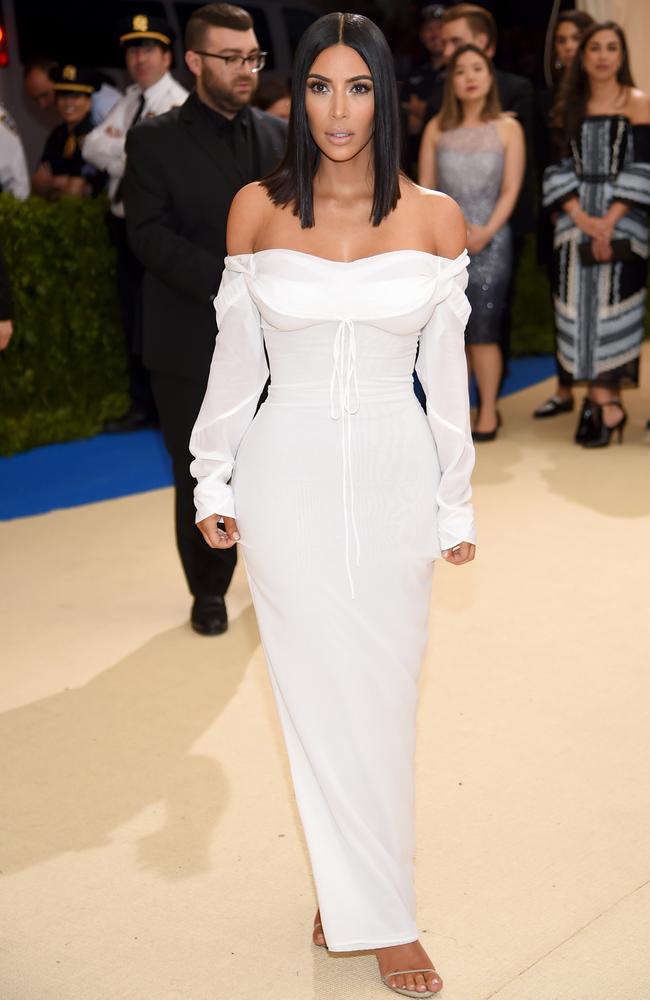 Making a point, Kim? Kim Kardashian West was unusually covered up at the Met Gala. Picture: Getty Images