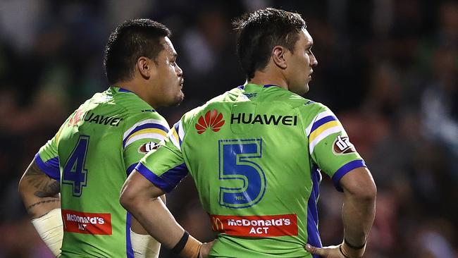 Dejected Raiders players Joey Leilua (left) and Jordan Rapana after the loss.