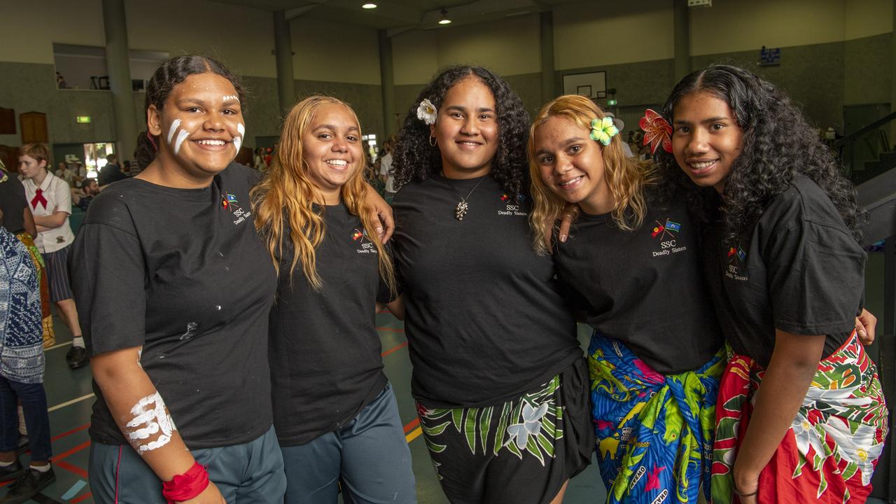 (From left) Minnika Baird, Kyomie Deemal, Ruth Guise, Kaysharn Deemal and Deenorah Guise. Harmony day at St Saviour's College. Thursday, March 25, 2021. Picture: Nev Madsen.