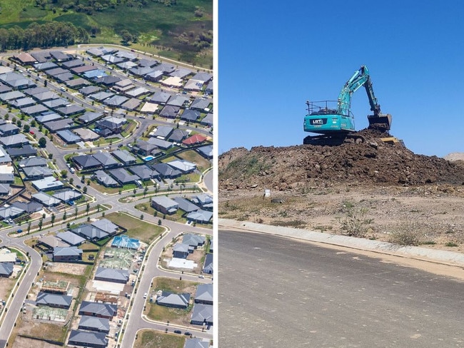 L: A typical housing development on Sydney's outskirts, R: A escavator left on the unfinished subdivision site