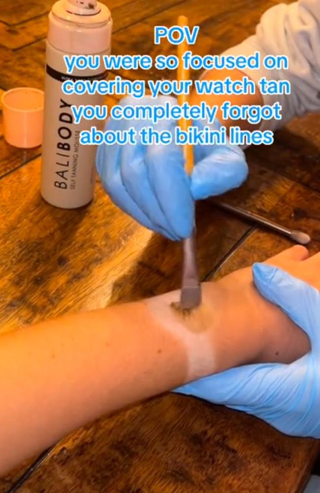 Esther McCoy, from Melbourne, went viral after she shared a video of someone fake tanning her wrist. There was a white mark from her Apple Watch. Picture: TikTok/@essieemccoy