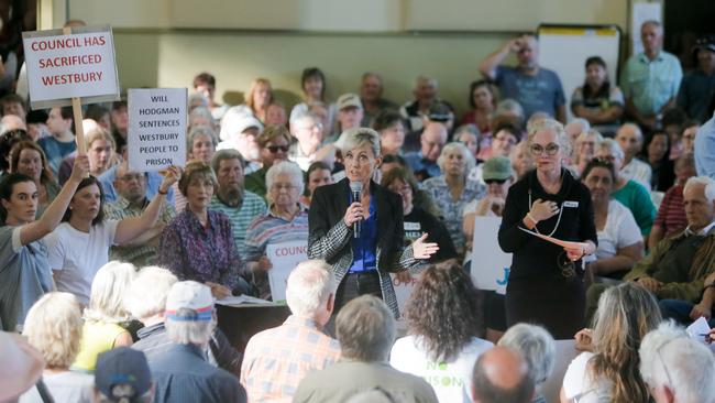 Corrections Minister Elise Archer addresses the crowd at the community meeting at Westbury. Picture: PATRICK GEE