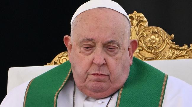 (FILES) Pope Francis celebrates the mass for the Jubilee of the Armed Forces at St. Peter's square in the Vatican on February 9, 2025. The Vatican on February 18, 2025 cancelled two of Pope Francis's events at the weekend as the 88-year-old continues to receive hospital treatment for bronchitis. (Photo by Alberto PIZZOLI / AFP)