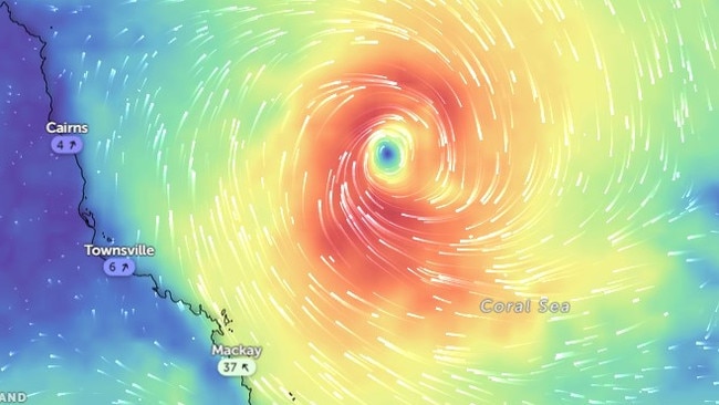 A graphic showing the present location of Cyclone Kirrily at 9am on Monday. Picture: Zoom Weather