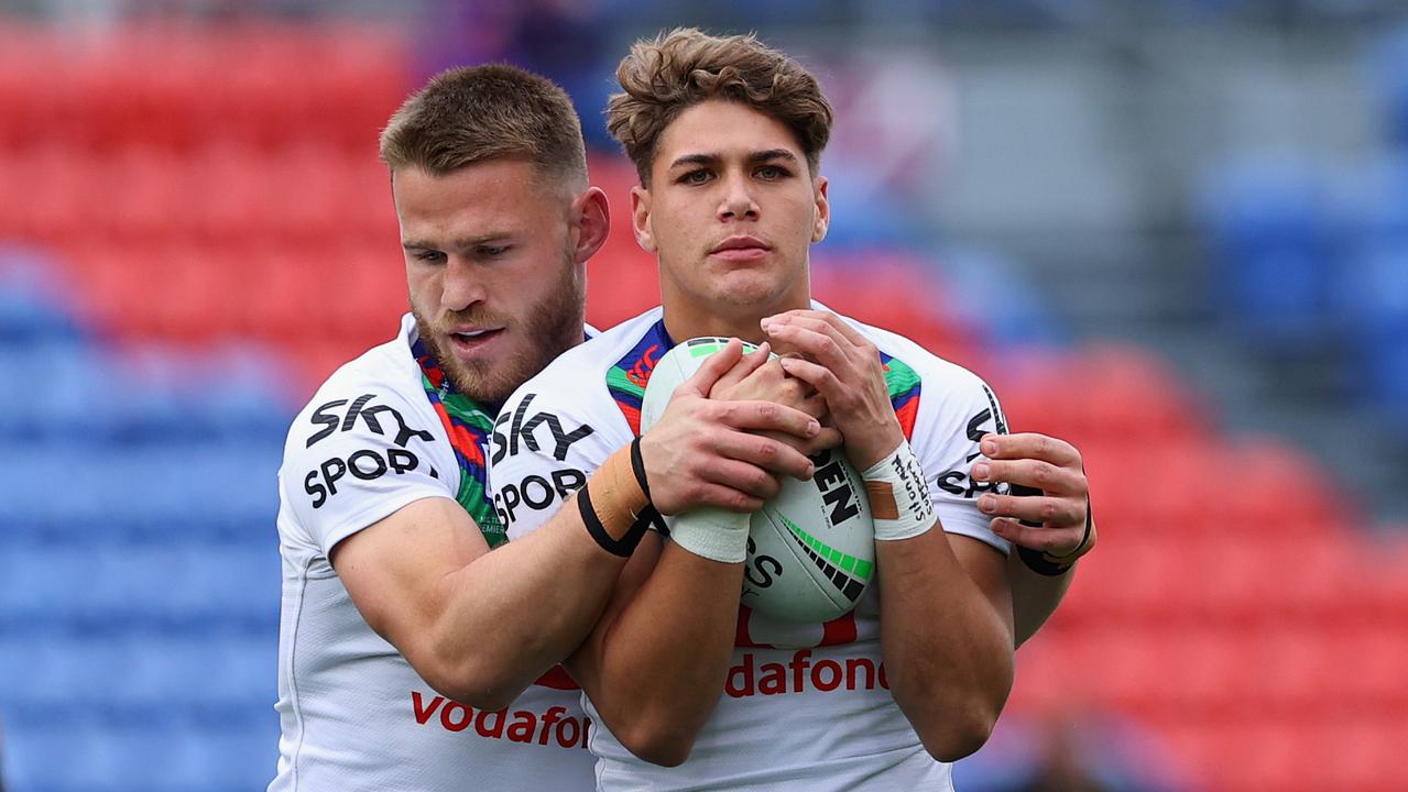 Reece Walsh warms up before producing a dyanmic game against the Knights. Picture: Ashley Feder/Getty Images