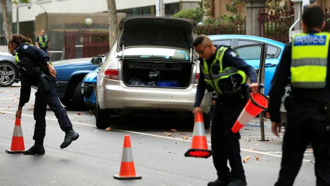 Police and emergency services attend a motor vehicle accident on Lonsdale Street, Melbourne. Picture: Mark Stewart