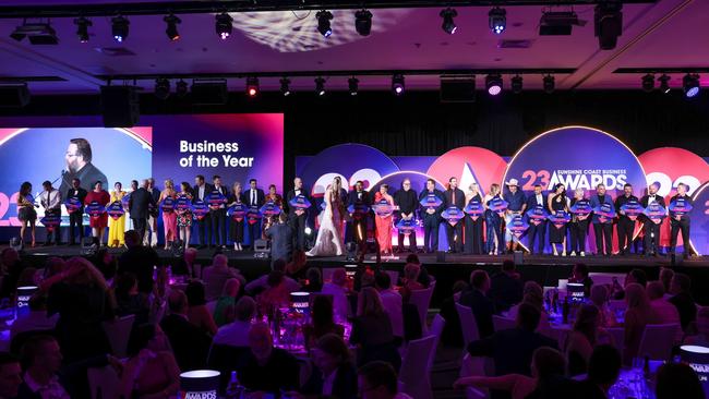 Winners on stage at the 2023 Sunshine Coast Business Awards. Picture: Steve Pohlner (Supplied)