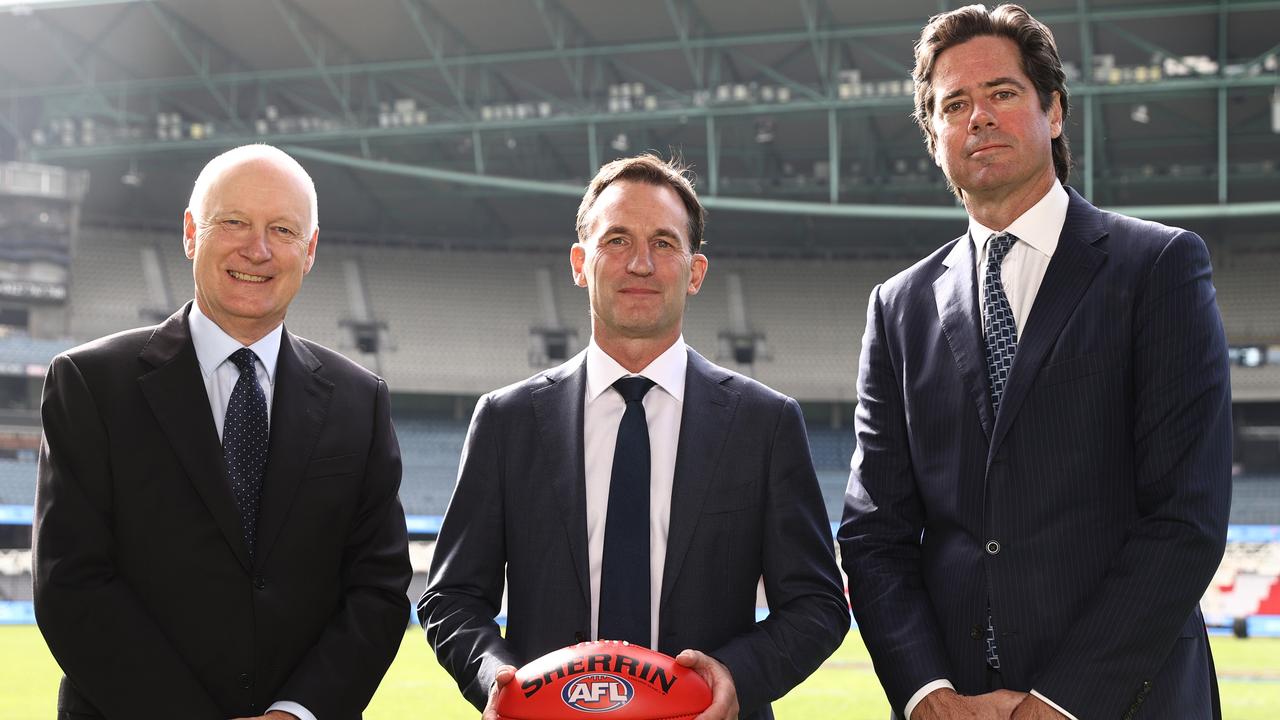 MELBOURNE. 30/04/2023. AFL. AFL Press conference announcing Andrew Dillon as the incoming CEO at there end of this years AFL season . Andrew Dillon with AFL commission chairman Richard Goyder and current AFL CEO Gillon McLachlan . Pic: Michael Klein