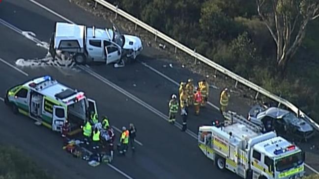 Emergency services at the scene of the Victor Harbor Rd crash. Picture: 7NEWS