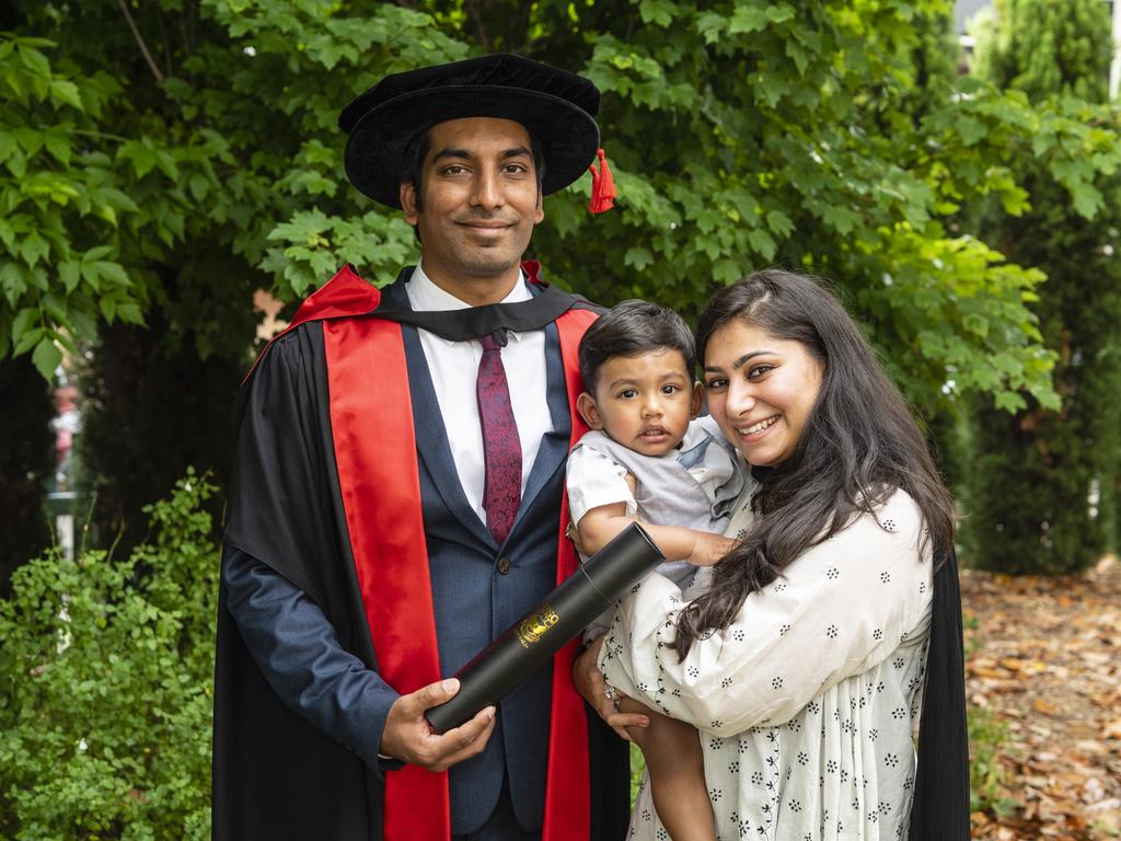 Doctor of Philosophy graduate Siddique Latif with son Muhammad Isa and wife Shazia Rasheed at the UniSQ graduation ceremony at Empire Theatres, Tuesday, December 13, 2022.