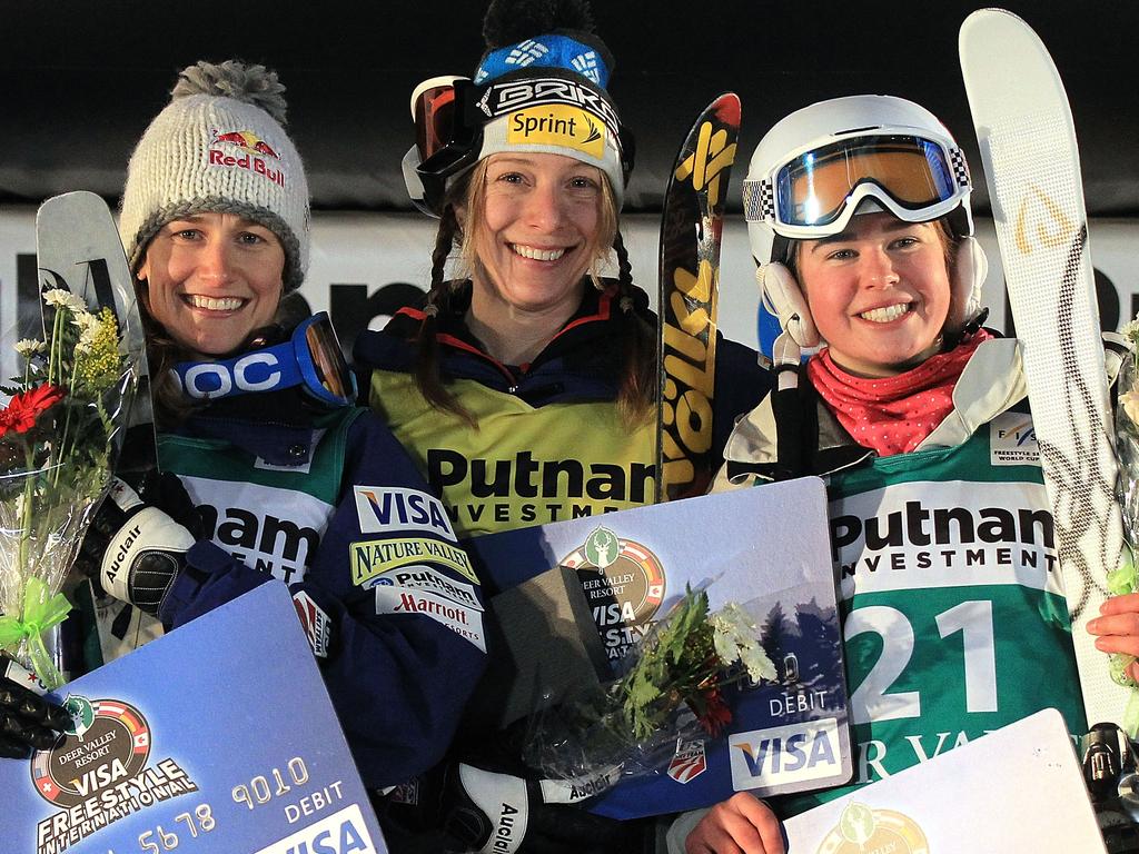 When Cox (R) got on the podium in Deer Valley in 2012, it was a monumental moment for Australian mogul skiing. Picture: Matthew Stockman/Getty Images