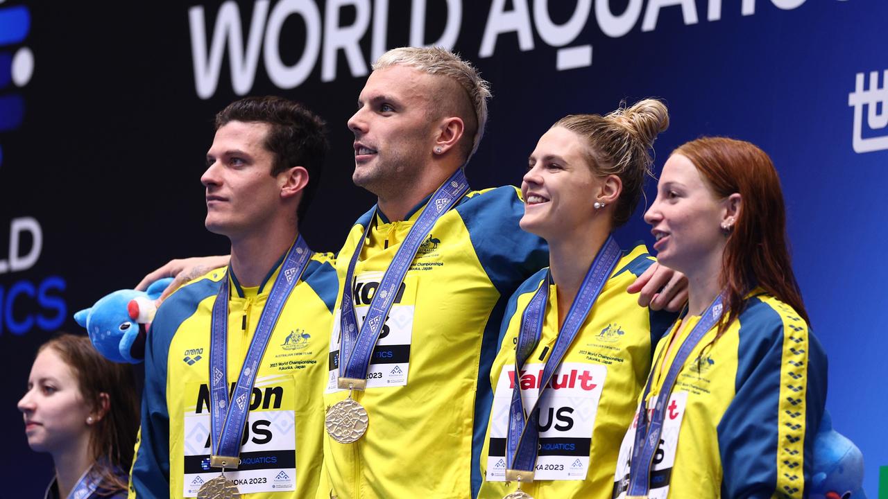 FUKUOKA, JAPAN - JULY 29: Gold medallists Jack Cartwright, Kyle Chalmers, Shayna Jack and Mollie O'Callaghan of Team Australia pose in the Mixed 4 x 100m Freestyle Relay Final on day seven of the Fukuoka 2023 World Aquatics Championships at Marine Messe Fukuoka Hall A on July 29, 2023 in Fukuoka, Japan. (Photo by Clive Rose/Getty Images)