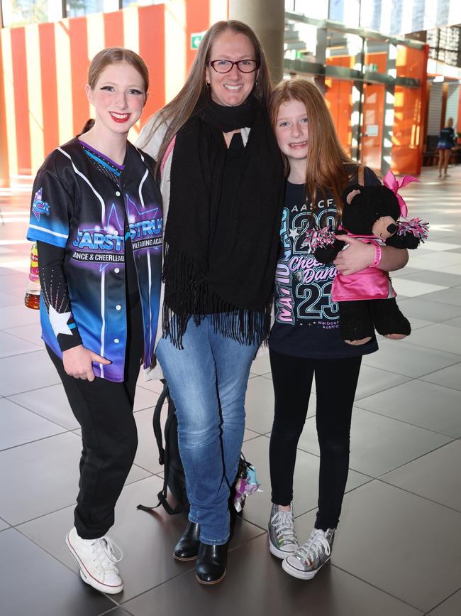 MELBOURNE, AUSTRALIA - JUNE 30 2024Allison, Kristy Swiderski and Isabelle attend the All Star Cheerleading Federation Winterfest competition held at the Melbourne Convention and Exhibition Centre.Picture: Brendan Beckett