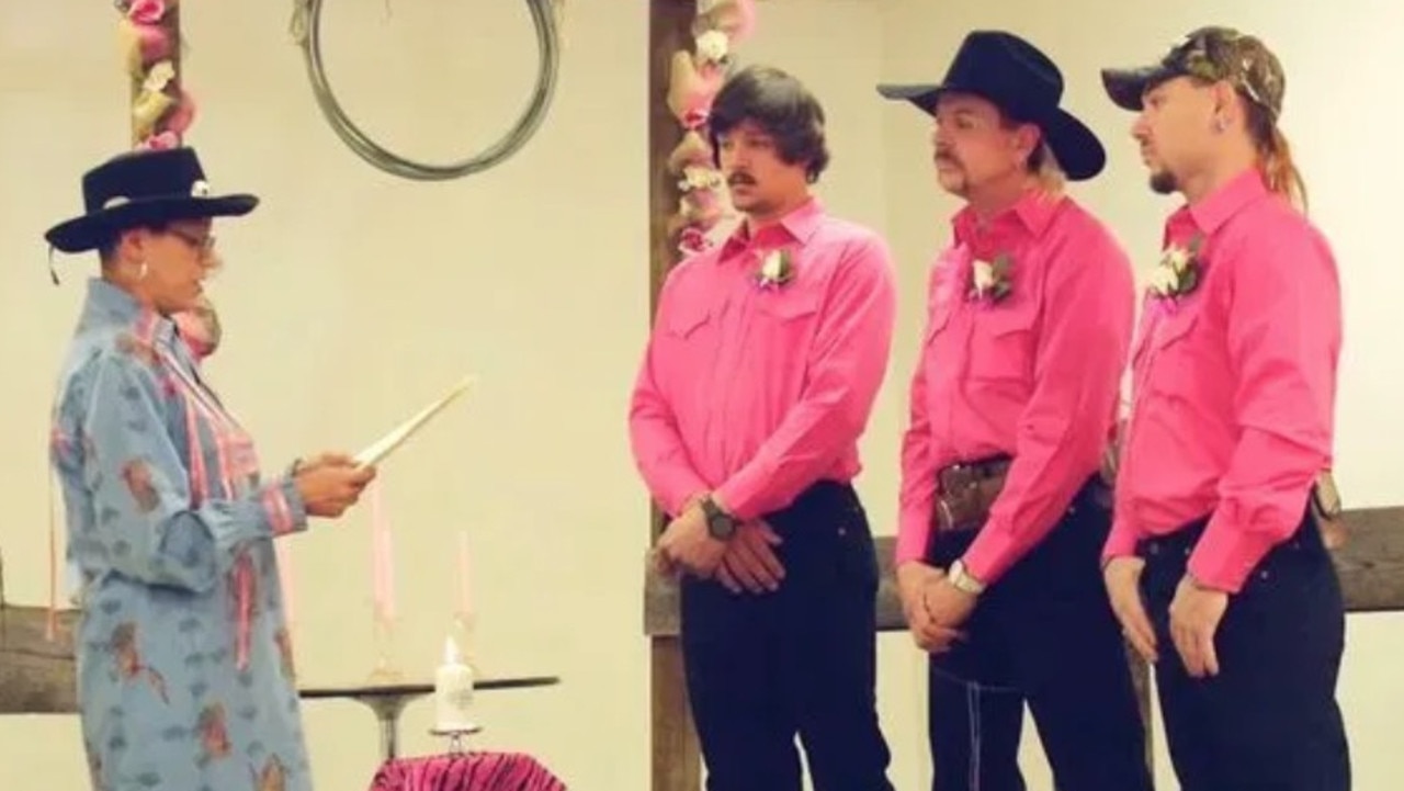 Joe Exotic (second from right) during his wedding to Travis Maldonado and John Finlay. Picture: Netflix