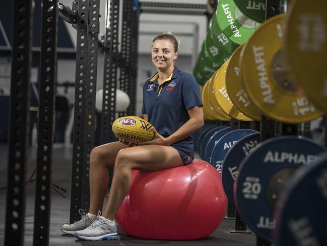 Adelaide Crows player Ebony Marinoff in the gym at the club’s headquarters at West Lakes. She is looking forward to season 2019. . Picture SIMON CROSS