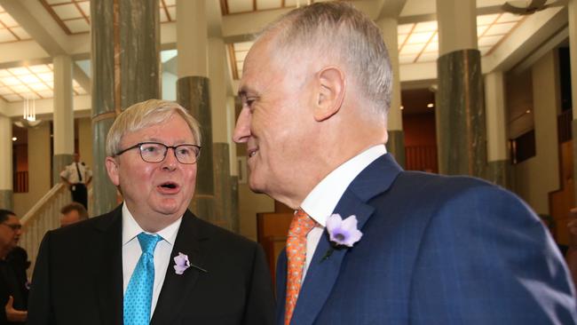 Former PMs Kevin Rudd and Malcolm Turnbull meeting at a breakfast to mark the 10th Anniversary of the National Apology to Australiaâ’s Indigenous Peoples, at Parliament House in Canberra. Picture: Kym Smith