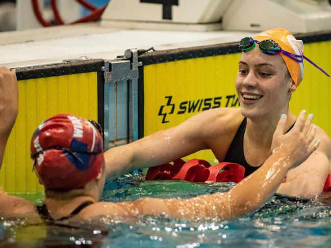 15th December 2022. The Daily Telegraph. Sport.Homebush, Sydney, NSW, Australia.Pics by Julian Andrews.Action pictures from The NSW Senior State Age Swimming Championships at Sydney Aquatic Centre, Homebush.Pic shows action from:Girls 16 & Over 100 Metre FreestyleWinner Wunsch, Olivia 16 Carlile