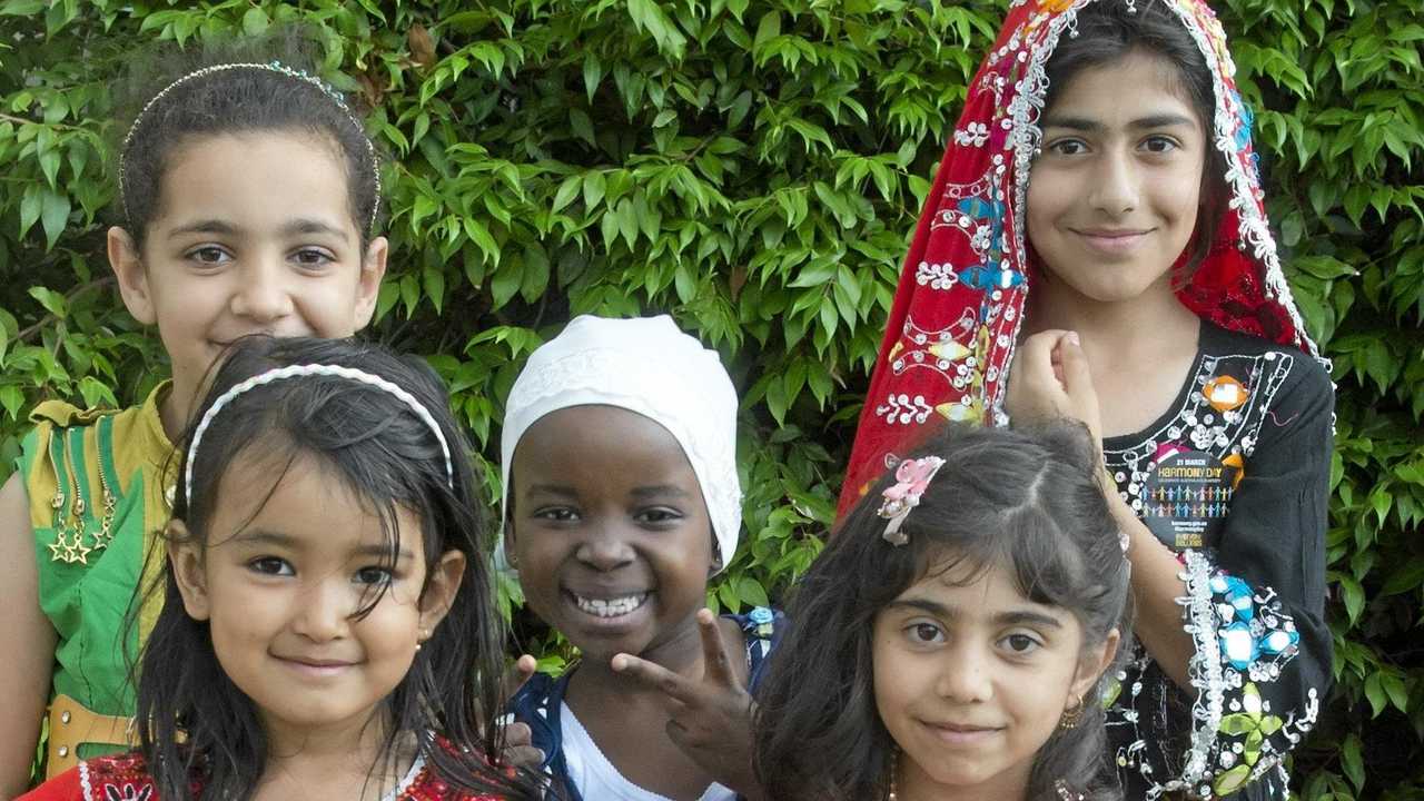 ( From left ) Noor Mahmood, Tabasum Anwari, Hawa Kwibe Subanuka, Farah and Maryam Younasi at Harmony day at Darling Heights State School  . Wednesday 16 Mar , 2016. Picture: Nev Madsen