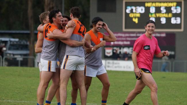 EFNL 2024: Lilydale celebrates its drought-breaking win. Picture: Lilydale FC