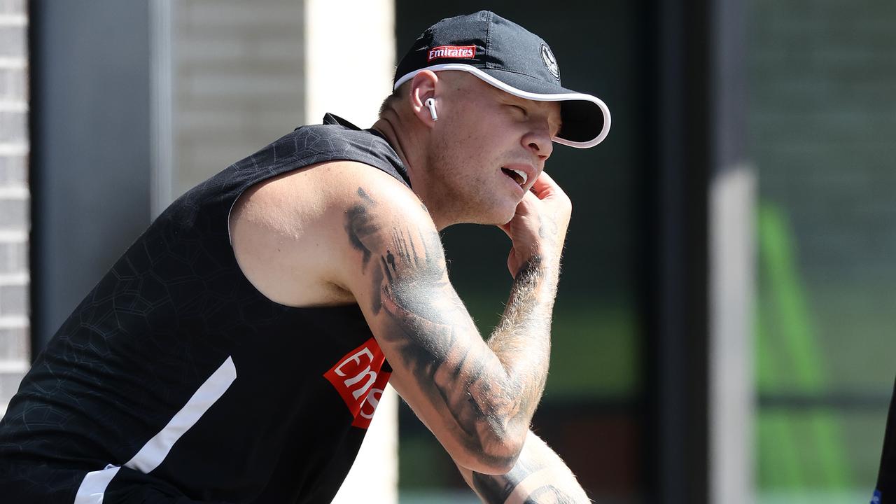 Pies star Jordan De Goey was limited to the exercise bike for training, as he recovers from shoulder surgery. Picture by Michael Klein