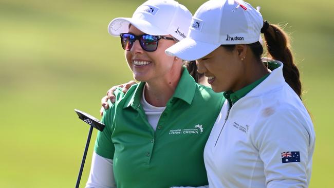 SAN FRANCISCO, CALIFORNIA - MAY 7: Sarah Kemp (L) and Minjee Lee (R) of Team Australia walk off the tenth green during day four of the Hanwha LIFEPLUS International Crown at TPC Harding Park on May 7, 2023 in San Francisco, California. (Photo by Orlando Ramirez/Getty Images)