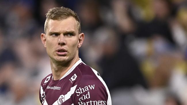 TOWNSVILLE, AUSTRALIA - JULY 06: Tom Trbojevic of the Sea Eagles warms up before the start the round 18 NRL match between North Queensland Cowboys and Manly Sea Eagles at Qld Country Bank Stadium, on July 06, 2024, in Townsville, Australia. (Photo by Ian Hitchcock/Getty Images)