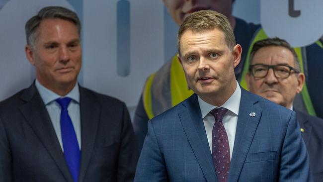 Defence Minister Richard Marles, Treasurer Stephen Mullighan and federal Adelaide MP Steve Georganas on November 13 at a defence training announcement at the Regency Park TAFE campus. Picture: Ben Clark