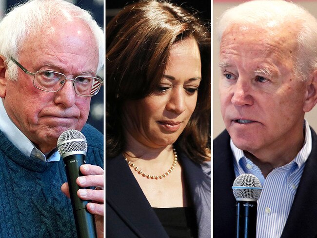 Bernie Sanders, left, and Joe Biden, right, remain in the 2020 Democratic presidential nomination race, while Kamala Harris, centre, has bowed out. Picture: AFP/AP