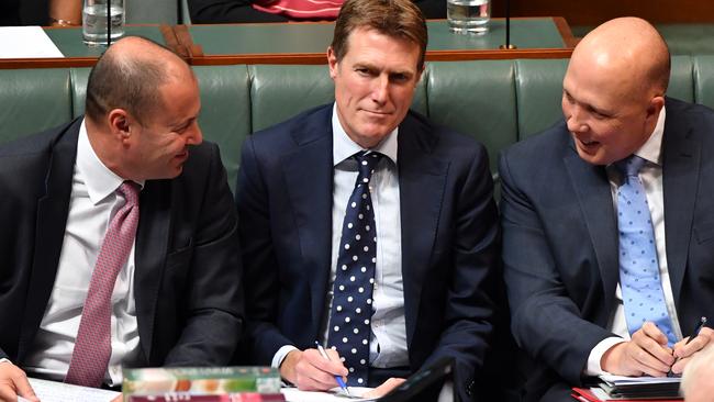 Treasurer Josh Frydenberg, Attorney-General Christian Porter and Home Affairs Minister Peter Dutton during Question Time. Picture: AAP.