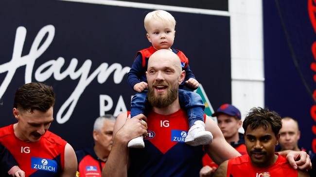 Max Gawn with son George – who is going to be a big brother around Christmas. Picture: Dylan Burns/AFL Photos via Getty Images