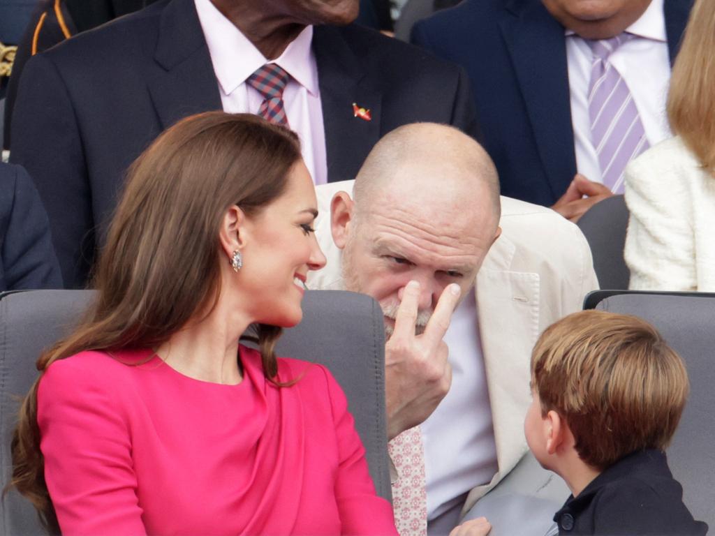 Mike Tindall gestures to Prince Louis. Picture: Getty Images