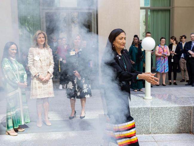 CANBERRA, AUSTRALIA - NewsWire Photos FEBRUARY 17, 2023: Indigenous Australians Minister Linda Burney with United States Secretary of the Interior Deb Haaland and the  United States Ambassador to Australia, Caroline Kennedy at a Welcome to Country, followed by a joint press conference, in Canberra.Picture: NCA NewsWire / Gary Ramage